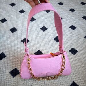 Pink Croc-Embossed Shoulder Bag with Gold Chain